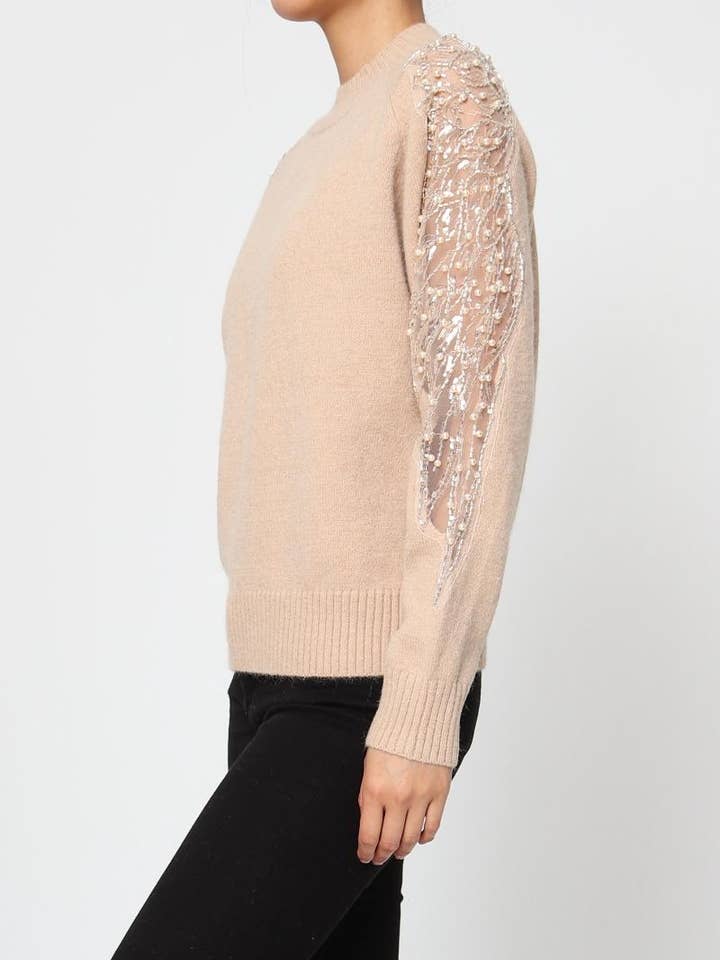 DIX-ONZE - Wholesale Knit Sweater - Women's - Soft Knit Sweater – Sequin & Pearl Details on Sleeves5