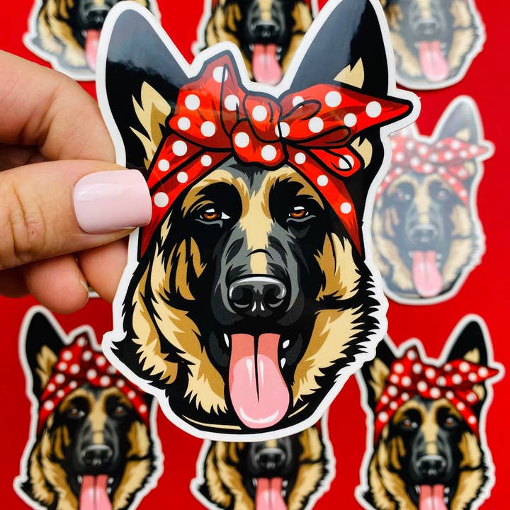 German Shepherd Sticker Red Polka Dot Bow Bandana Cute GSD for wholesale by Otto's Grotto