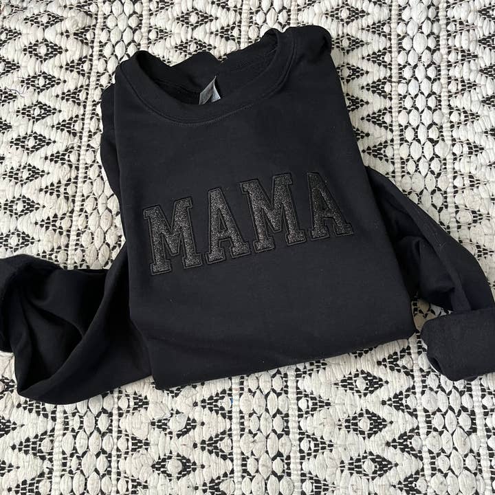 Lhite Graphics – wholesale Sweatshirt – Women's – Black on Black Glitter MAMA Embroidered Sweatshirt