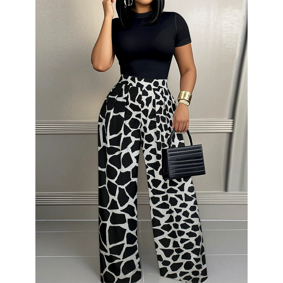 Black Crew Neck Short Sleeve Top High Waist Long Pants Set ZK3256 for wholesale on Faire2