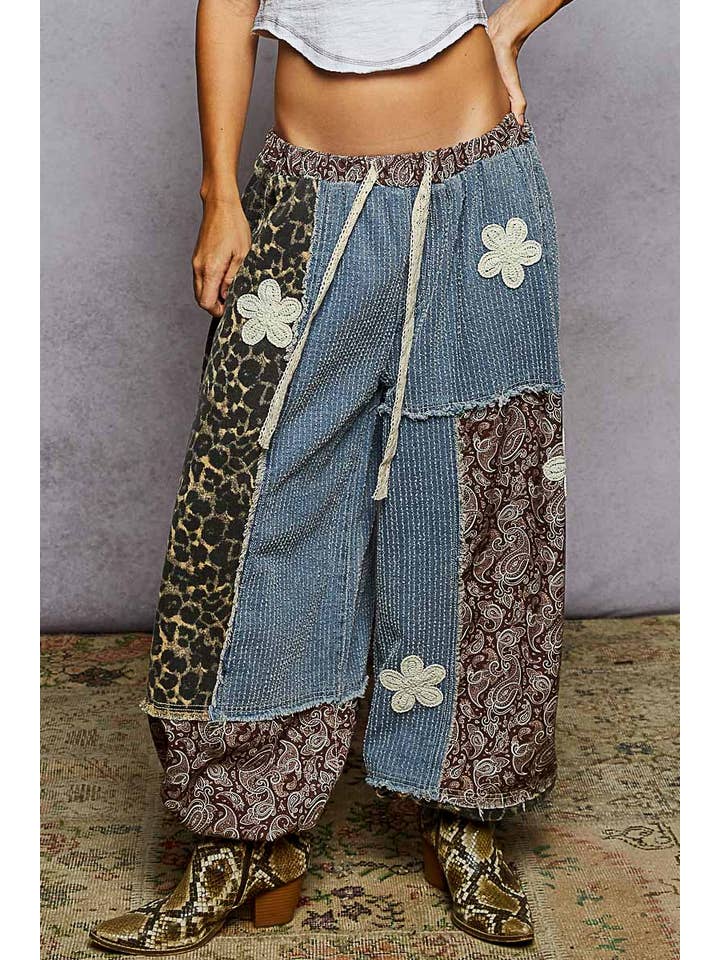 Pol Clothing - Wholesale Pants - Women's - Crochet patch detail contrast patchwork printed woven pants47