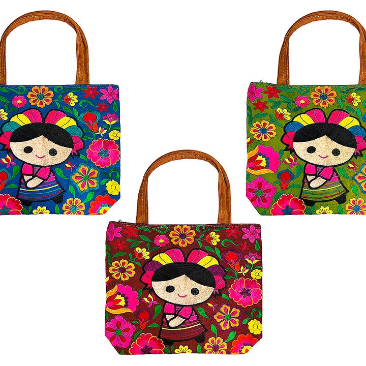 Embroidered Floral "Indi" Doll Large Suede Purse Tote Bag for wholesale by Pichincha