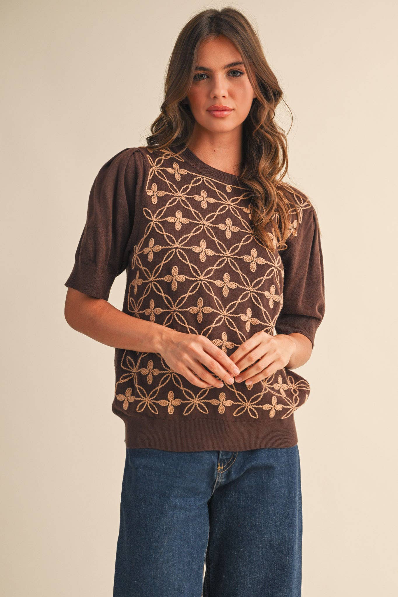 &MERCI - Wholesale Knit Sweater - Women's - SHORT PUFF SLEEVE EMBROIDERY FRONT SWEATER MSW1083220