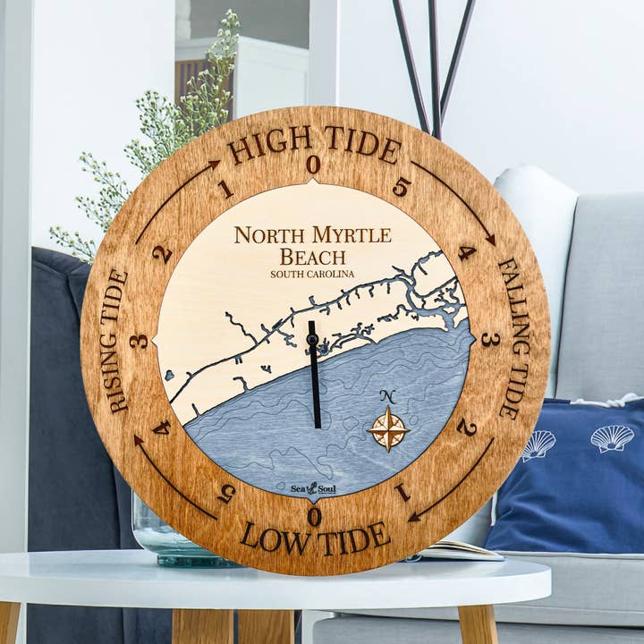 Reloj de Mareas Náutico de Madera de North Myrtle Beach - 2 Tamaños para venta al por mayor de Sea & Soul Nautical Chart Art