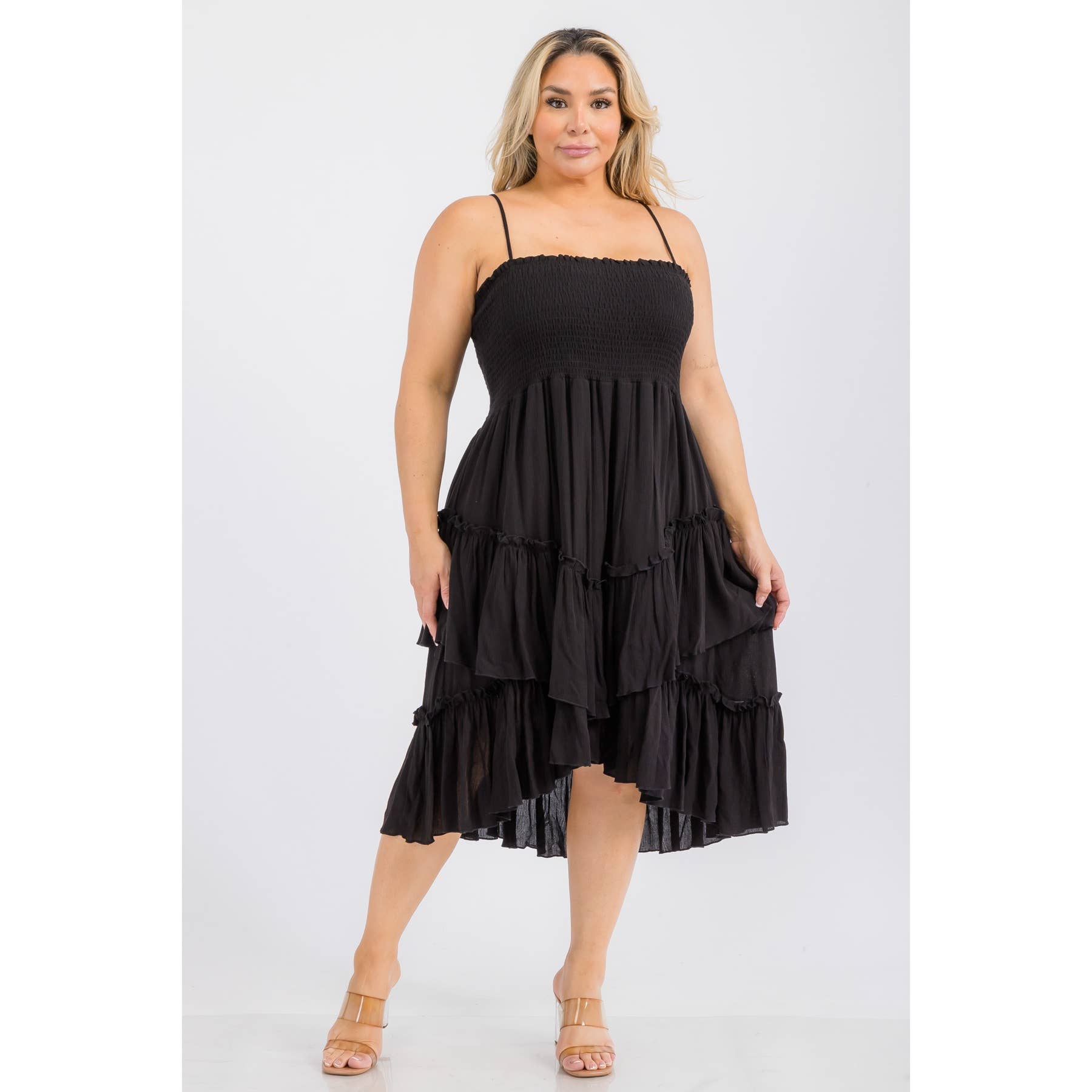Curve Market - Wholesale Dress - Women's - PLUS SIZE SQUARE NECK SMOCKED BODICE TIERED RUFFLE HEM MIDI 0