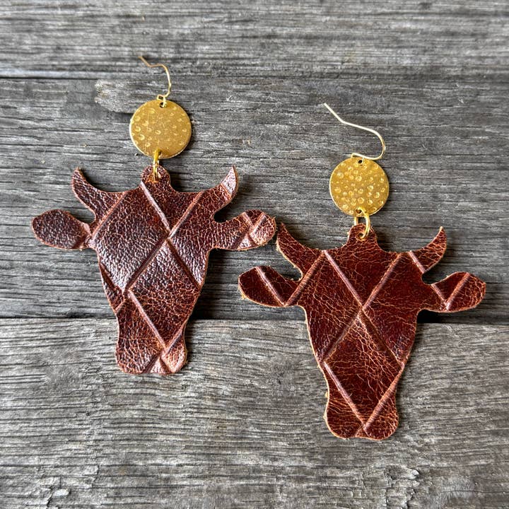 Hank Cow Earrings - Brown Basketweave - Leather Earrings for wholesale by Be Like Missy