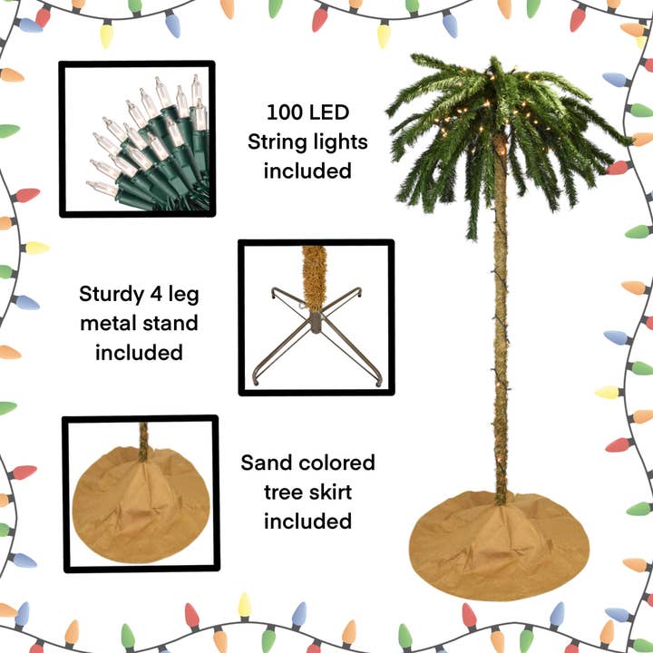 Tree Buddees - Vente Sapin de Noël artificiel - Vente à 50 % de réduction ! - Sapin de Noël palmier pré-éclairé de 2,1 mètres avec jupe couleur sable et 100 lumières LED blanches