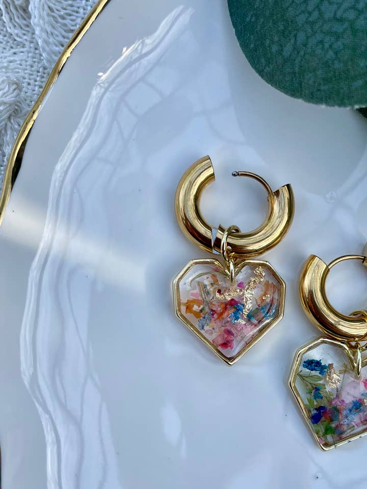 Wildflower Heart & Gold Huggie Earring Drop for wholesale by Jewelry & More By KristiCo