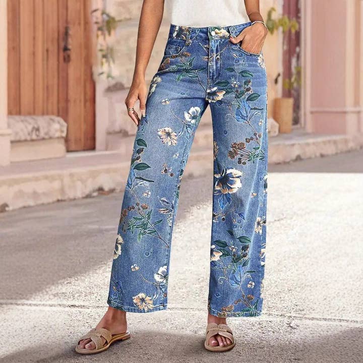Floral Print High Waist Straight Leg Jeans for wholesale by kycozy