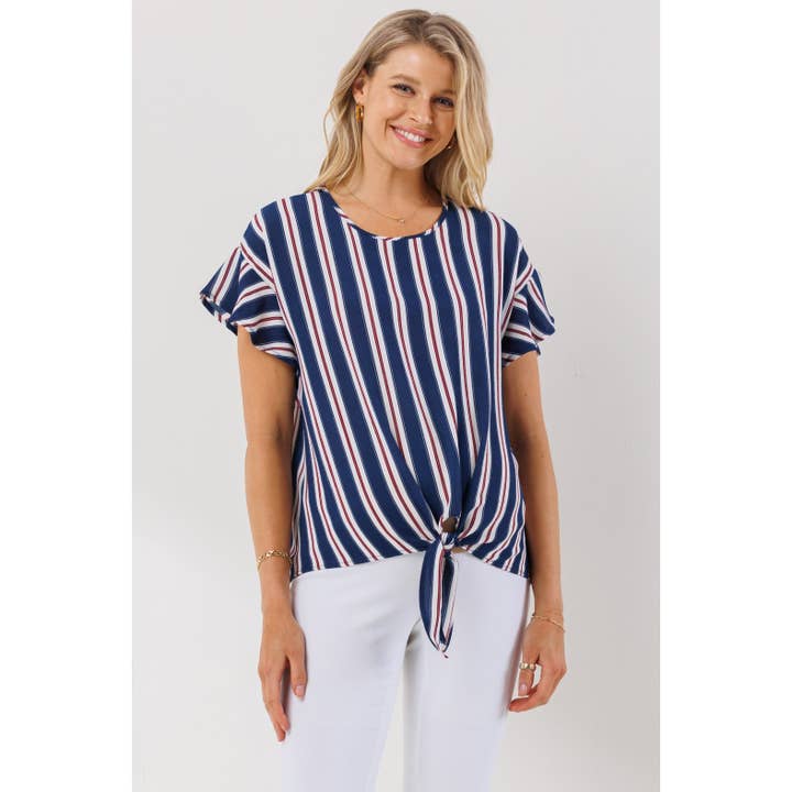 Striped Ruffle Sleeve Round Neck Maternity Blouse for wholesale by Hello Miz