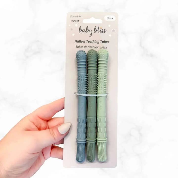 Hallow Teething Tubes - Dusty Teal, Sage & Soft Sage for wholesale by Baby Bliss