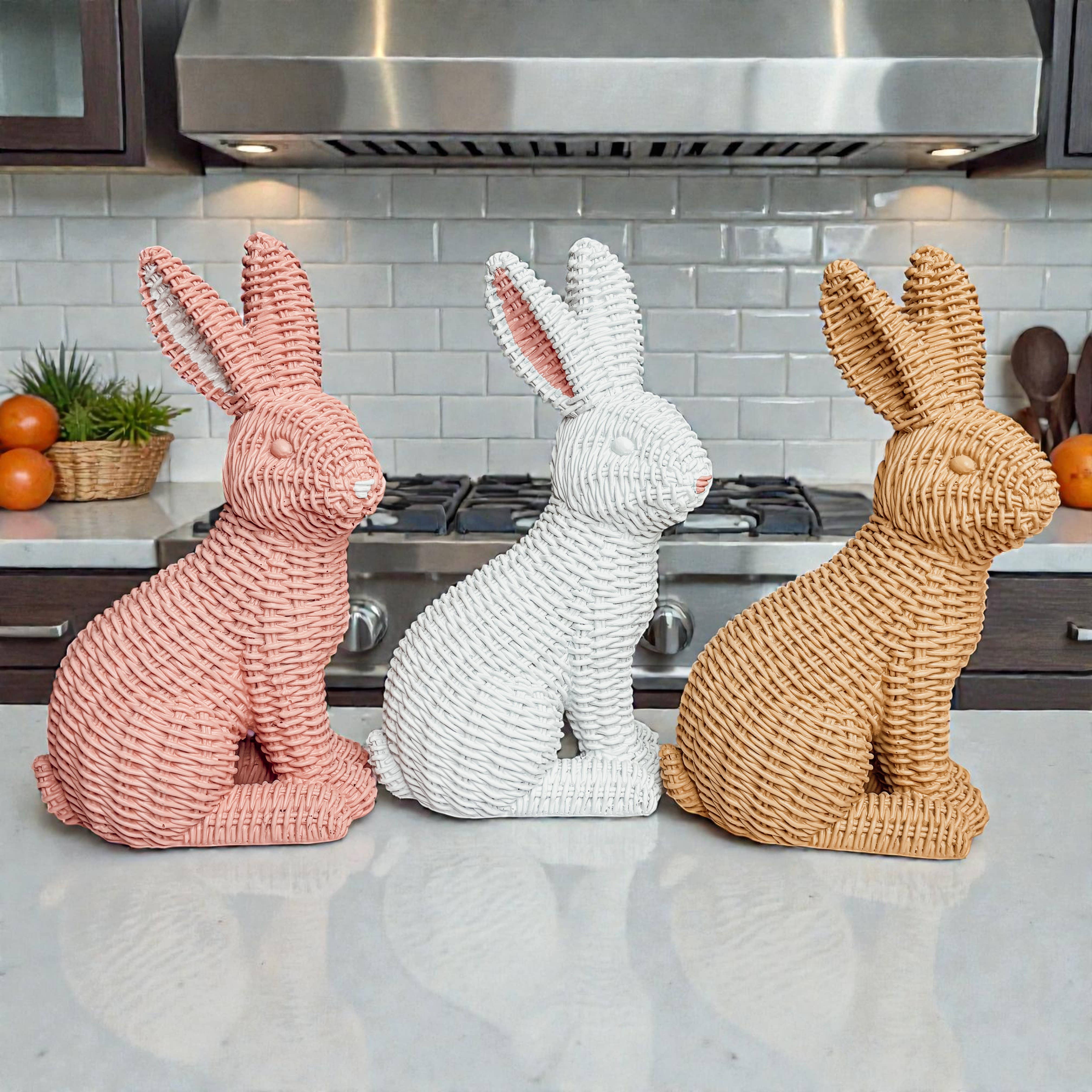 Gia Roma - Wholesale Sculpture - Easter Farmhouse Home Decor, Resin Bunny Figurine Rattan 38