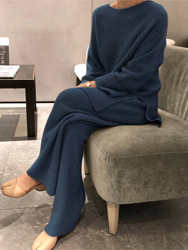 ShieldChic - Wholesale Top & Pant Set (NOT Loungewear) - Women's - Long Sleeves Wrap Solid Color Split-Side Round-Neck Sweater Tops&Pants Suits3