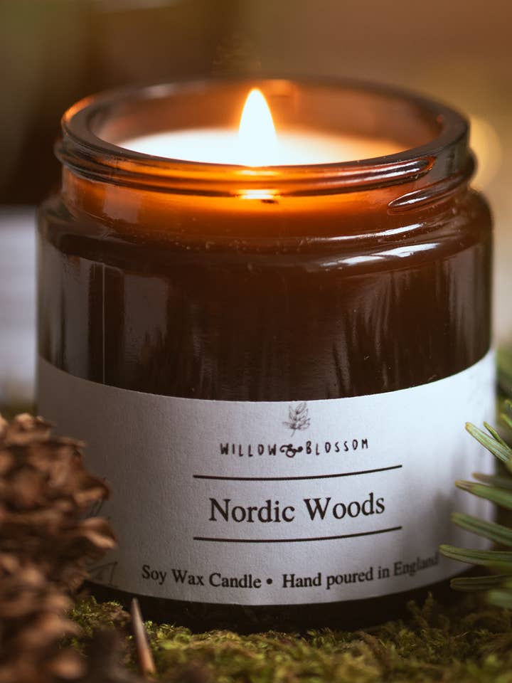 Nordic Woods Medium Amber Jar Candle for wholesale by Willow & Blossom Botanicals