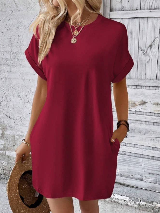 UNISHE - Wholesale Dress - Women's - Plain Fold Cuff Pockets Round Neck T-Shirt Dress ZK133322
