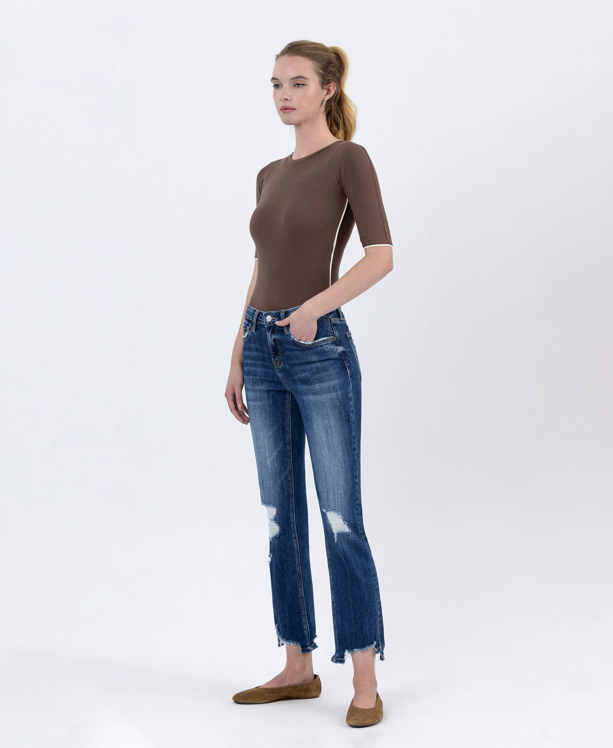 SPELLBOUND MID RISE SLANT STEP HEM CROP KICK FLARE JEANS LV1163 for wholesale on Faire7