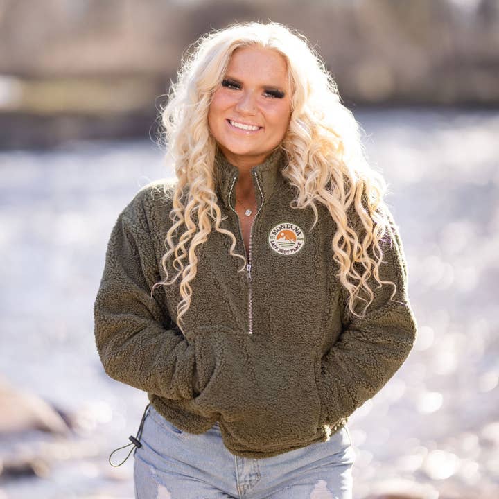 Last Best Place 1/2 Zip Teddy Fleece in Olive for wholesale by The Montana Way