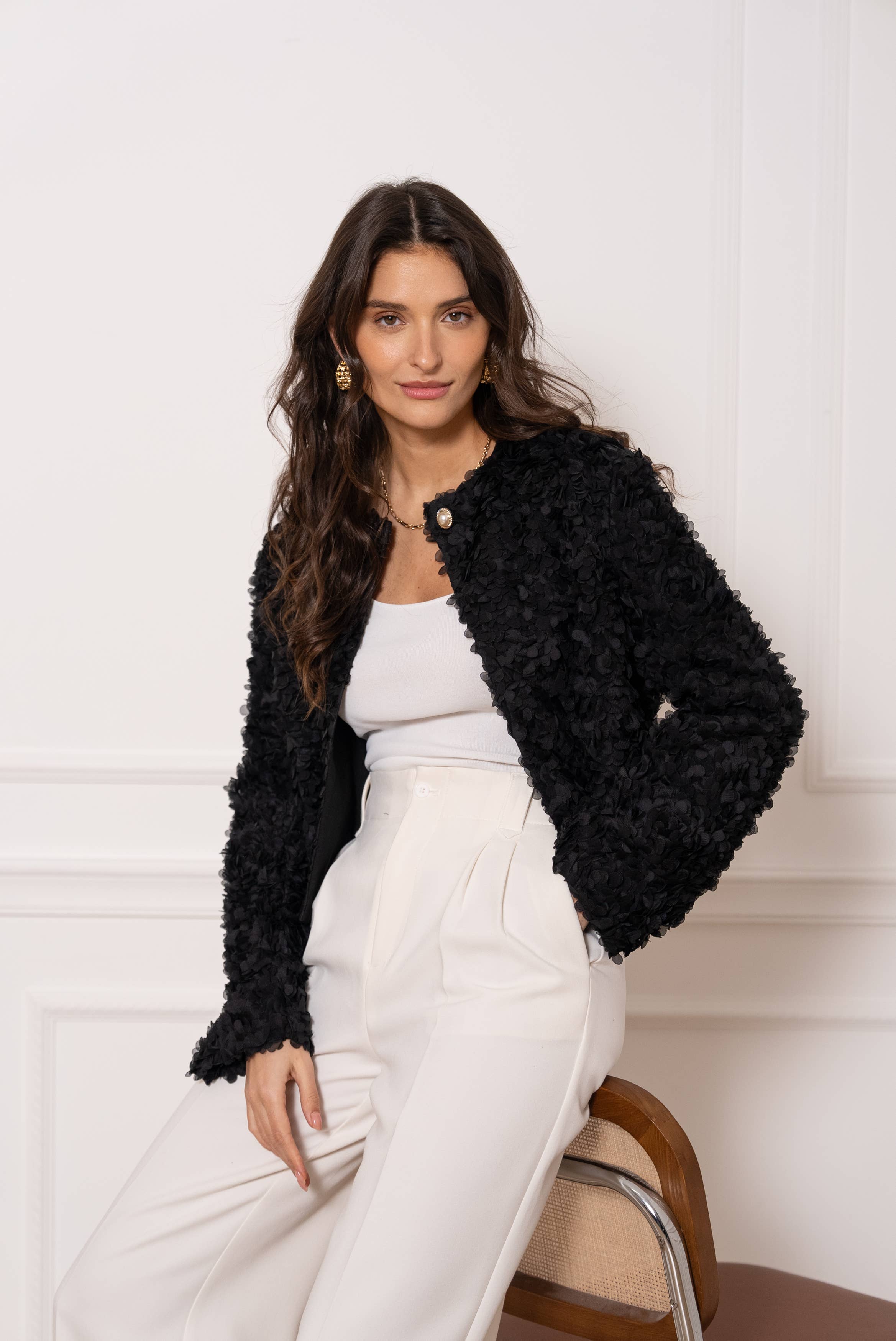 Black Rosalia Floral Structured Jacket - CK08380 for wholesale on Faire0