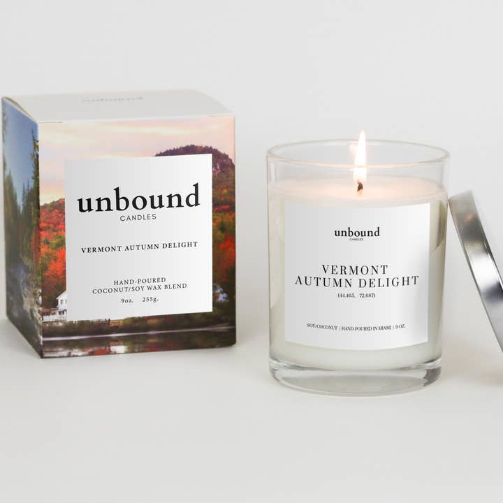 Vermont Autumn Delight - Coco Soy Destination Candle - 9oz for wholesale by Unbound Candles
