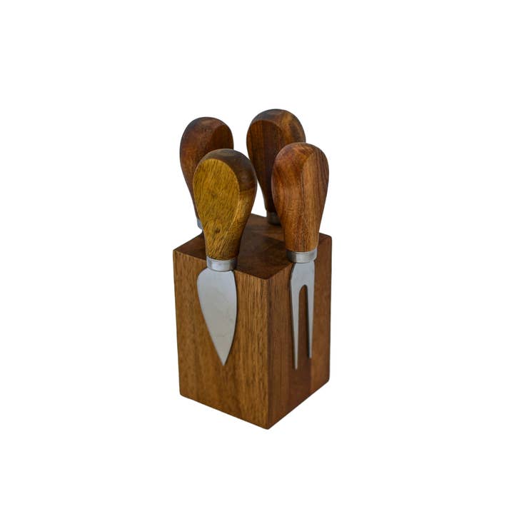 Creative Gifts International Inc. - Wholesale Cheese spreader - Magnetic Acacia Wood Block with 4 Cheese Knives2