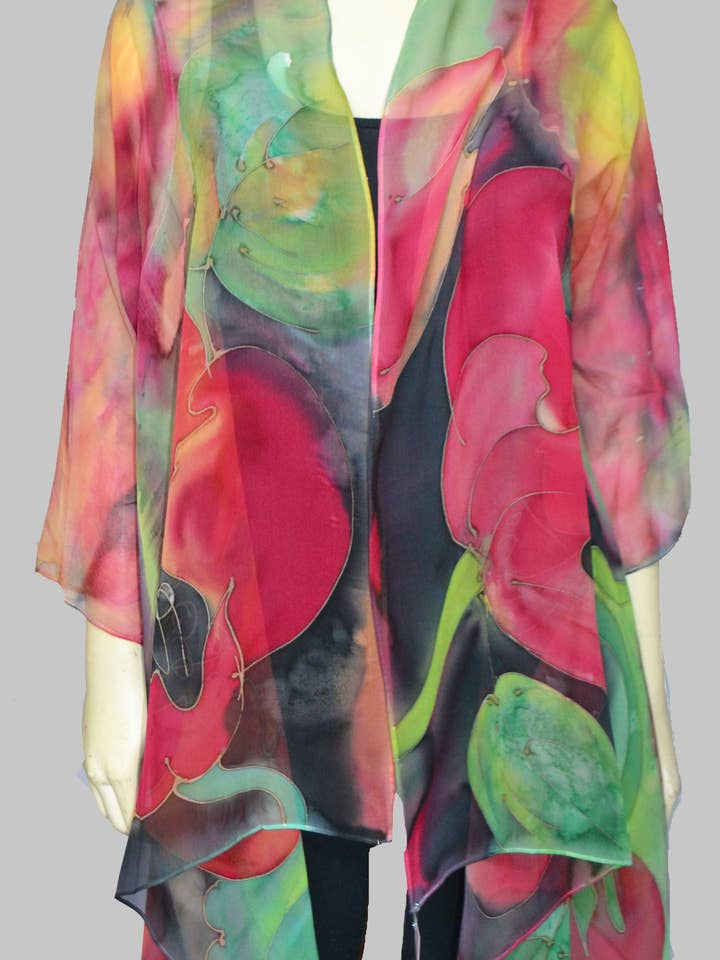 Poppy Scarf Jacket Sleeved for wholesale by Poshaq Hand Painted Silk