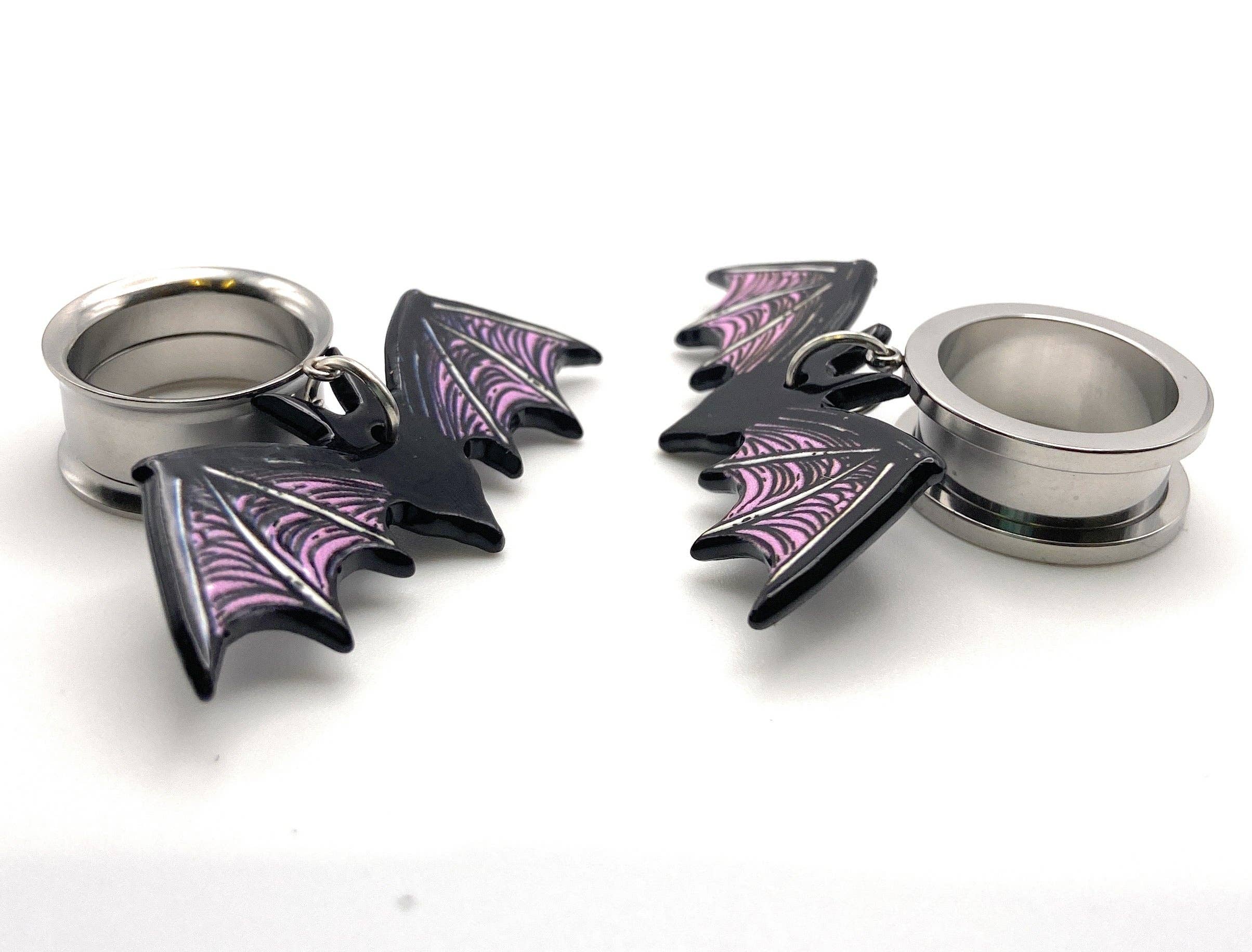 Eros Plugs - Wholesale Dangle Earrings - Spooky Purple and Black Bat Halloween Dangle Tunnels2