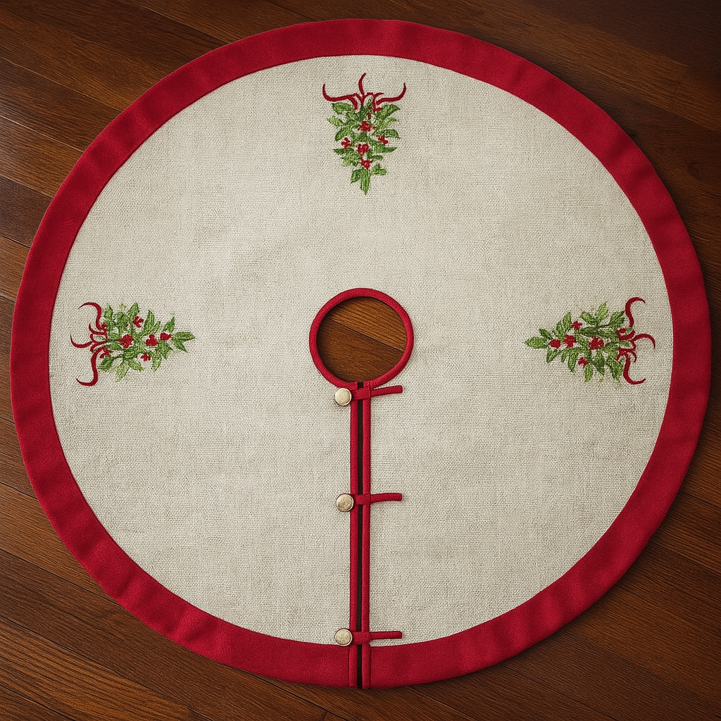 Fennco Styles - Wholesale Kerstboomrok - Rode natuurlijke geborduurde Holly 53" ronde kerstboomrok2