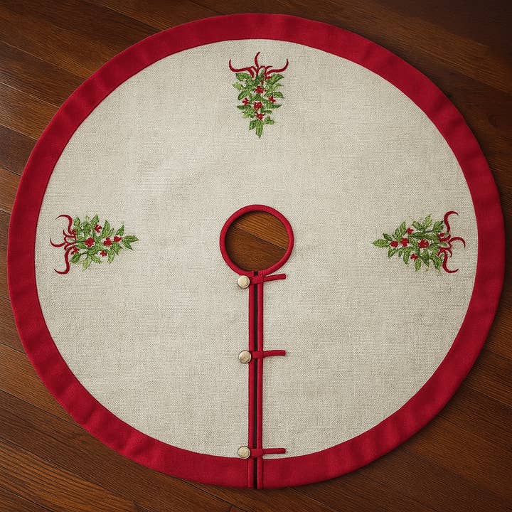 Fennco Styles - Wholesale Tree Skirt - Red Natural Embroidered Holly 53" Round Christmas Tree Skirt1