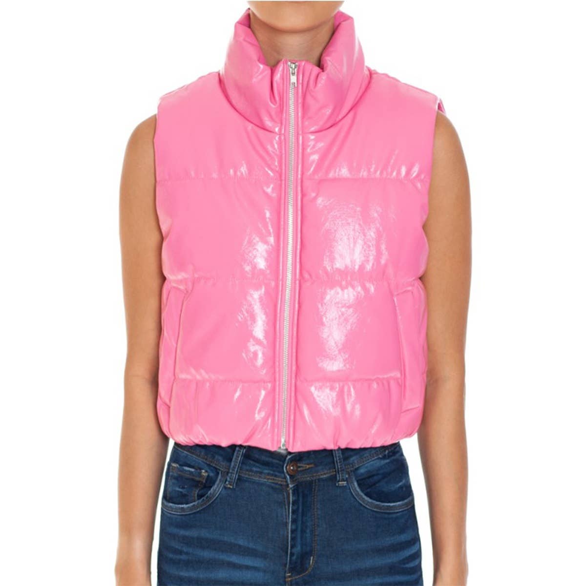 Timeless - Wholesale Outerwear Vest - Women's - FAUX PATENT PU HIGH NECK ZIP UP PUFFER VEST8