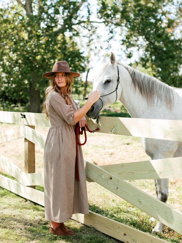 Brown 'Beth' Cotton Gingham Maxi Dress for wholesale on Faire14