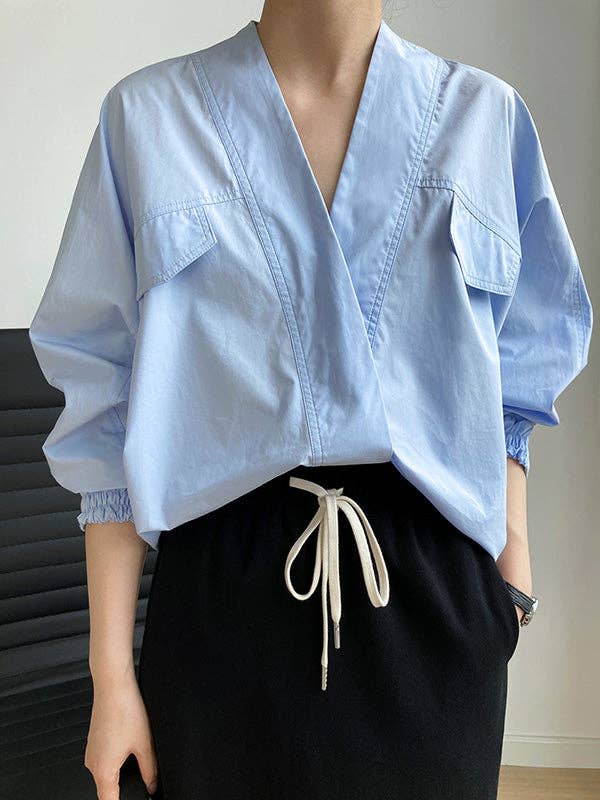UZ Wholesale Store – Camisa com botões no colarinho – Mulher por atacado – Blusas de manga de asa de morcego na moda cor sólida com decote em V15