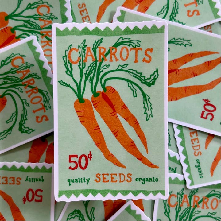 Carrot Seedpacket Sticker for wholesale by Elyana Smith Prints