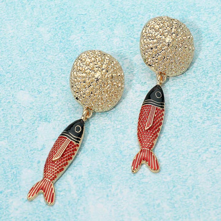 Sensibling Corp. - Wholesale Dangle Earrings - Textured Disc Enamel Fish Dangle Drop Statement Earrings