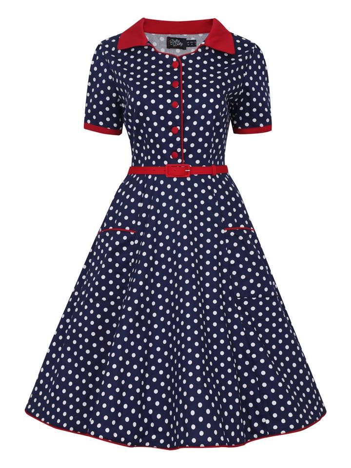 Dolly & Dotty - Wholesale Dress - Women's - Penelope Rockabilly Blue Polka Dot Shirt Dress