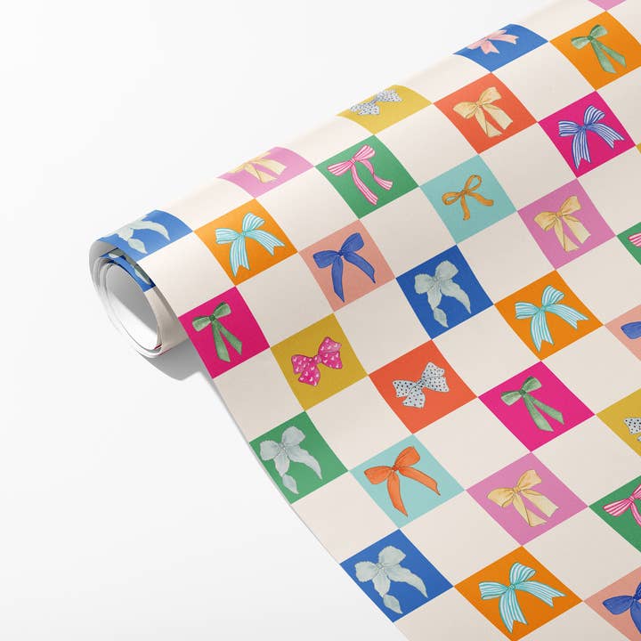 KelseyMDesigns - Wholesale Wrapping Paper Roll - Colorful Checkered Bows Wrapping Paper - 3 Sheet Roll