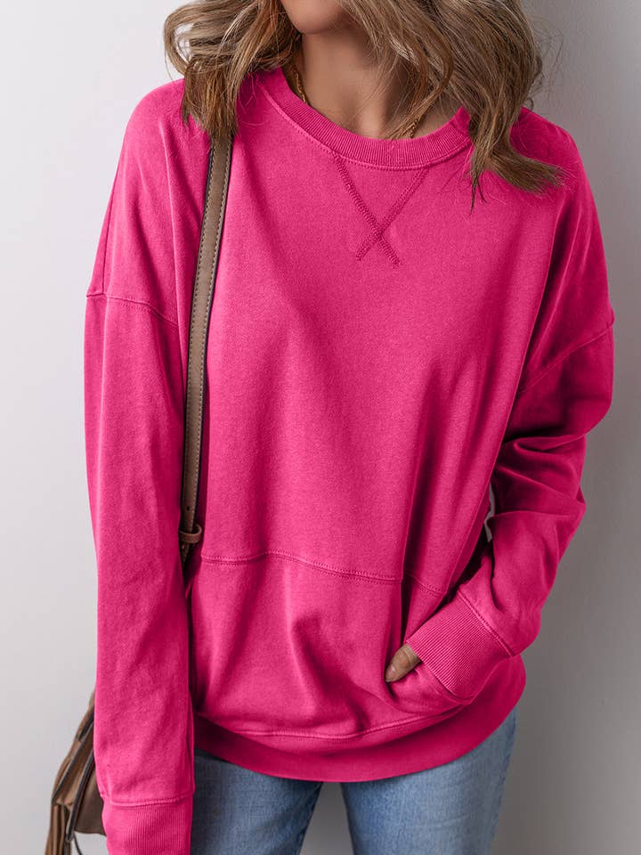 Rose Red Kangaroo Pocket Crewneck Sweatshirt for wholesale on Faire