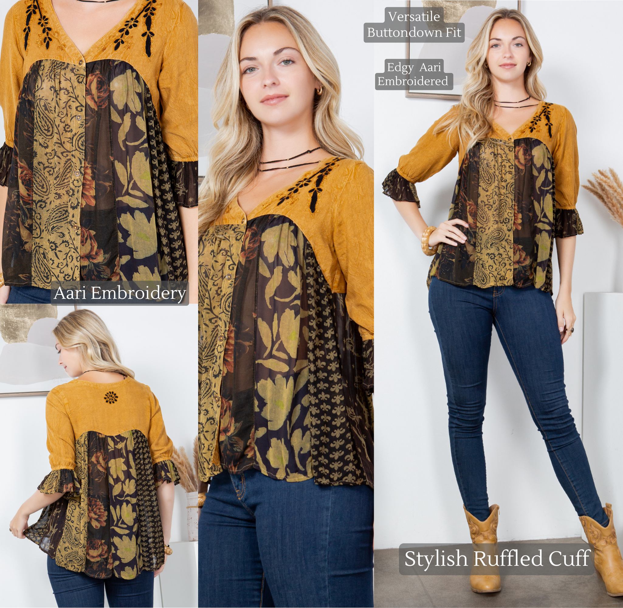 Young Threads - Wholesale Button Down Shirt - Women's - Boho Delight: Overdyed Rayon V-Neck Top9