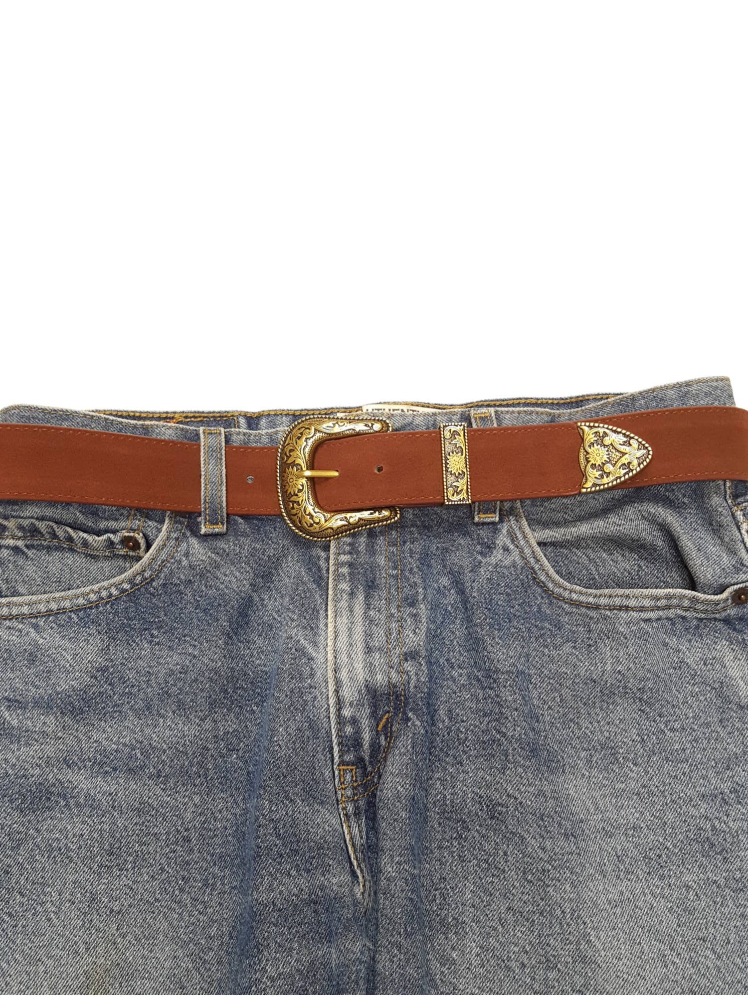 Axesoria West – Cinto - Mulher por atacado – Cinto de Camurça Genuína com Fivela Ocidental Dourada3