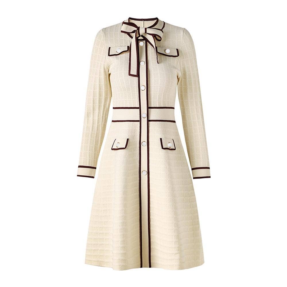 Productseeker - Wholesale Dress - Women's - DR831Y Elegant Cream Knit Bow-Tie Trim A-Line Dress0