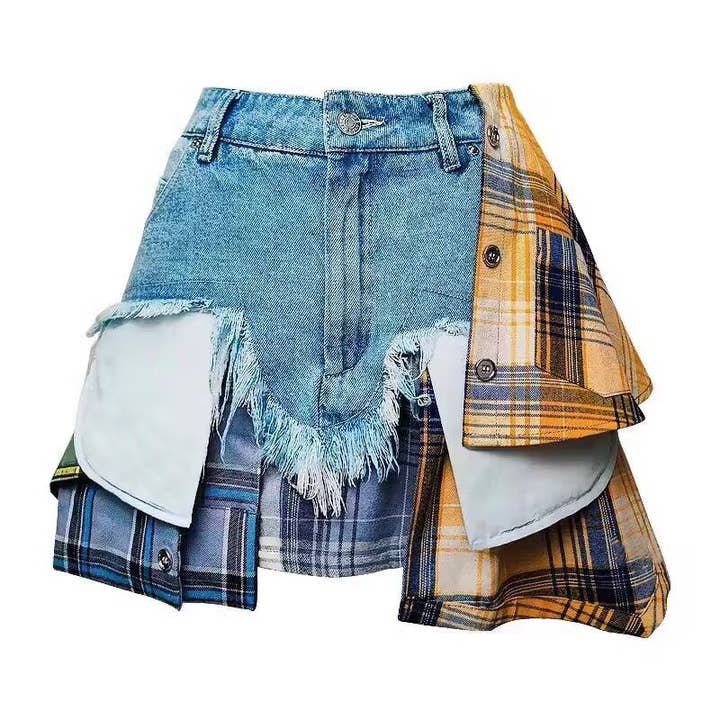 Productseeker - Wholesale Skirt - Women's - SK024 Summer Chic: High-Waist Plaid-Denim Skirt