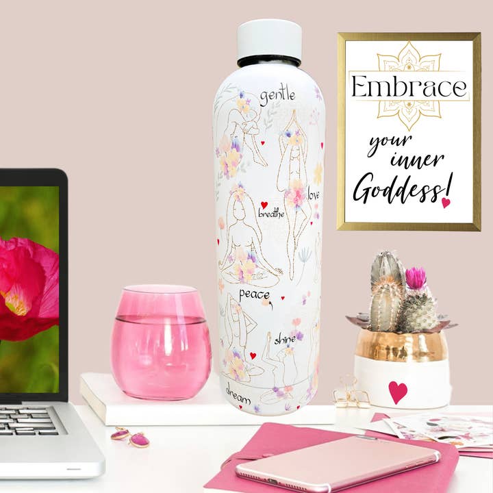 Girl Power 24/7 - Wholesale Water Bottle - Yoga Goddesses Stainless Steel Water Bottle - Shine Bright, Warrior2