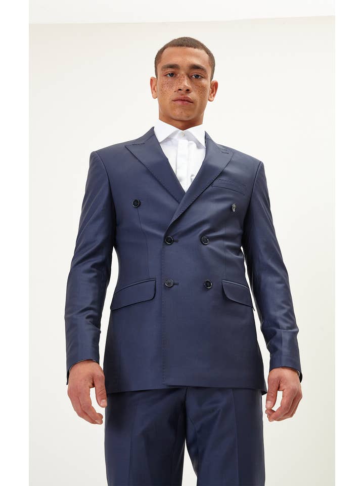 Men's Super 120S Merino Wool Double Breasted Suit-Solid Navy for wholesale on Faire
