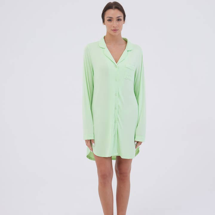 Lilly Apple Green Sleeping Shirt for wholesale by Two Bees London