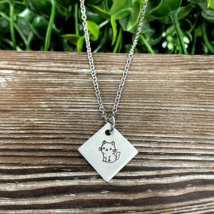 Cute Cat Diamond Fun Animal Themed Hand Stamped Necklace for wholesale by Handmade by Marlayna