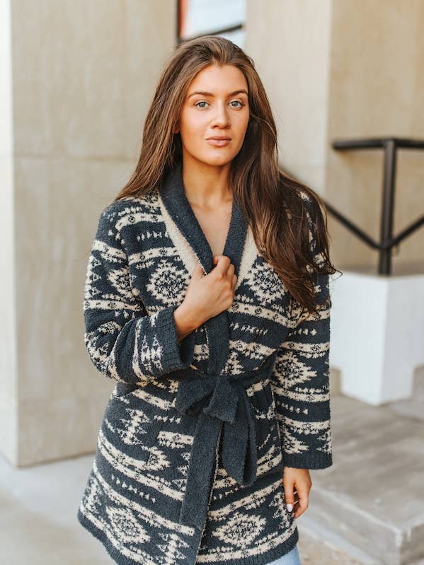 Charcoal Grey Cream Aztec Long Sleeve Cardigan for wholesale by LUCKY & BLESSED