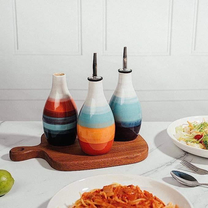 The Wine Savant / Khen Glassware - Wholesale Oil/Vinegar Dispenser - Cruet Ceramic Olive Oil Dispenser Bottle - 6" H 3" W (Blue)