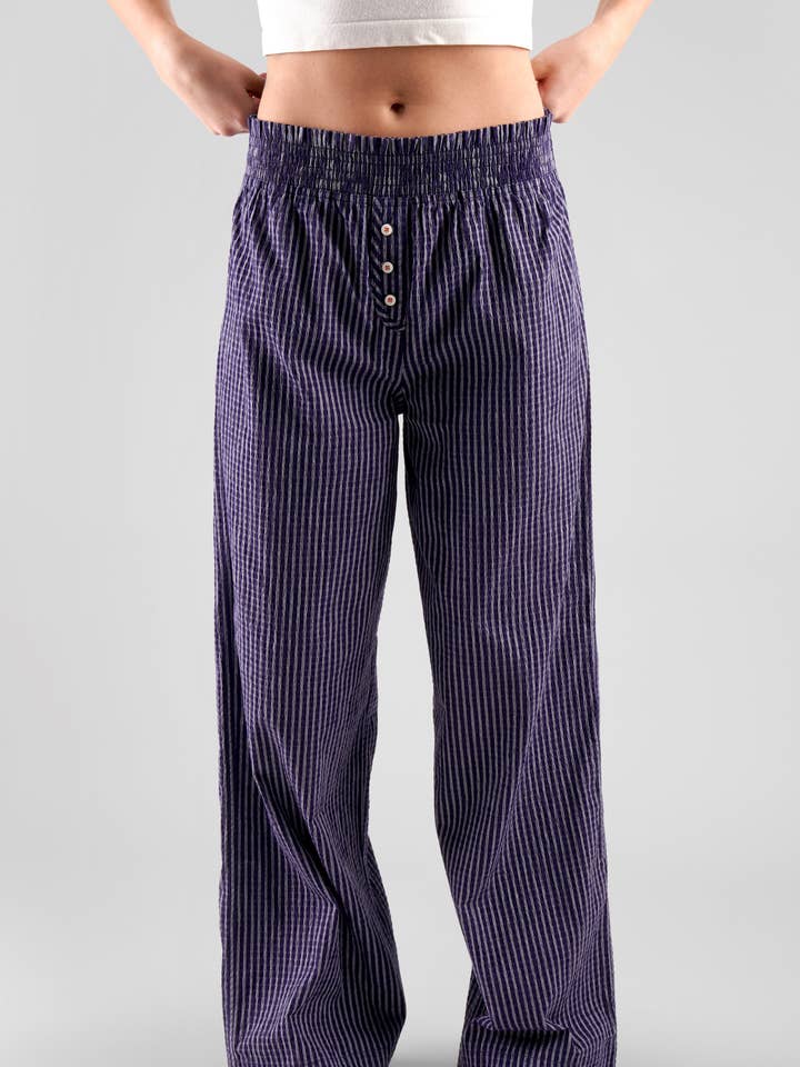 Chicory striped woven-cotton pyjama trousers - Indigo blue for wholesale by Peachaus