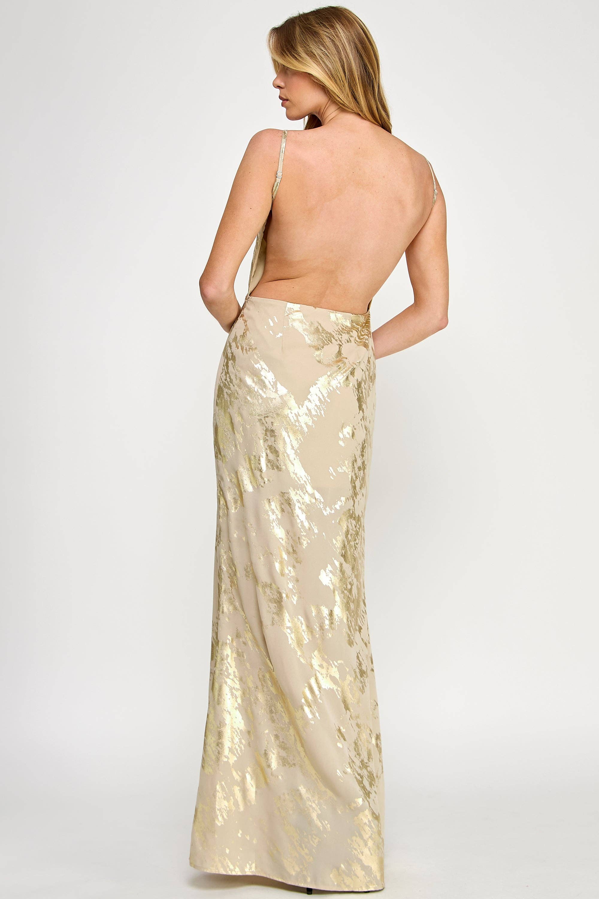 Vestis M - Wholesale Dress - Women's - Gold Foil Open Back Sleeveless Maxi Dress3