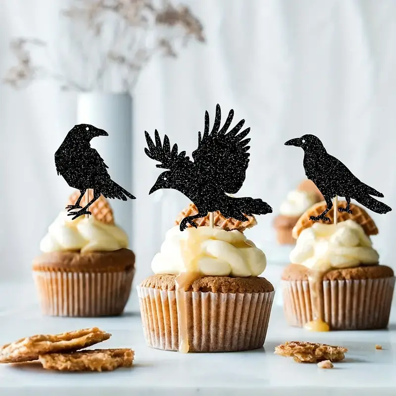 All Little Cute Things - Wholesale Cake/Cupcake Topper - Glittered Black Crow, Edgar Allan Poe Raven Cupcake Topper2