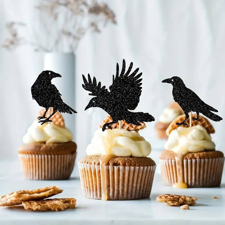 All Little Cute Things - Wholesale Cake/cupcake topper - Glittered Black Crow, Edgar Allan Poe Raven Cupcake Topper2